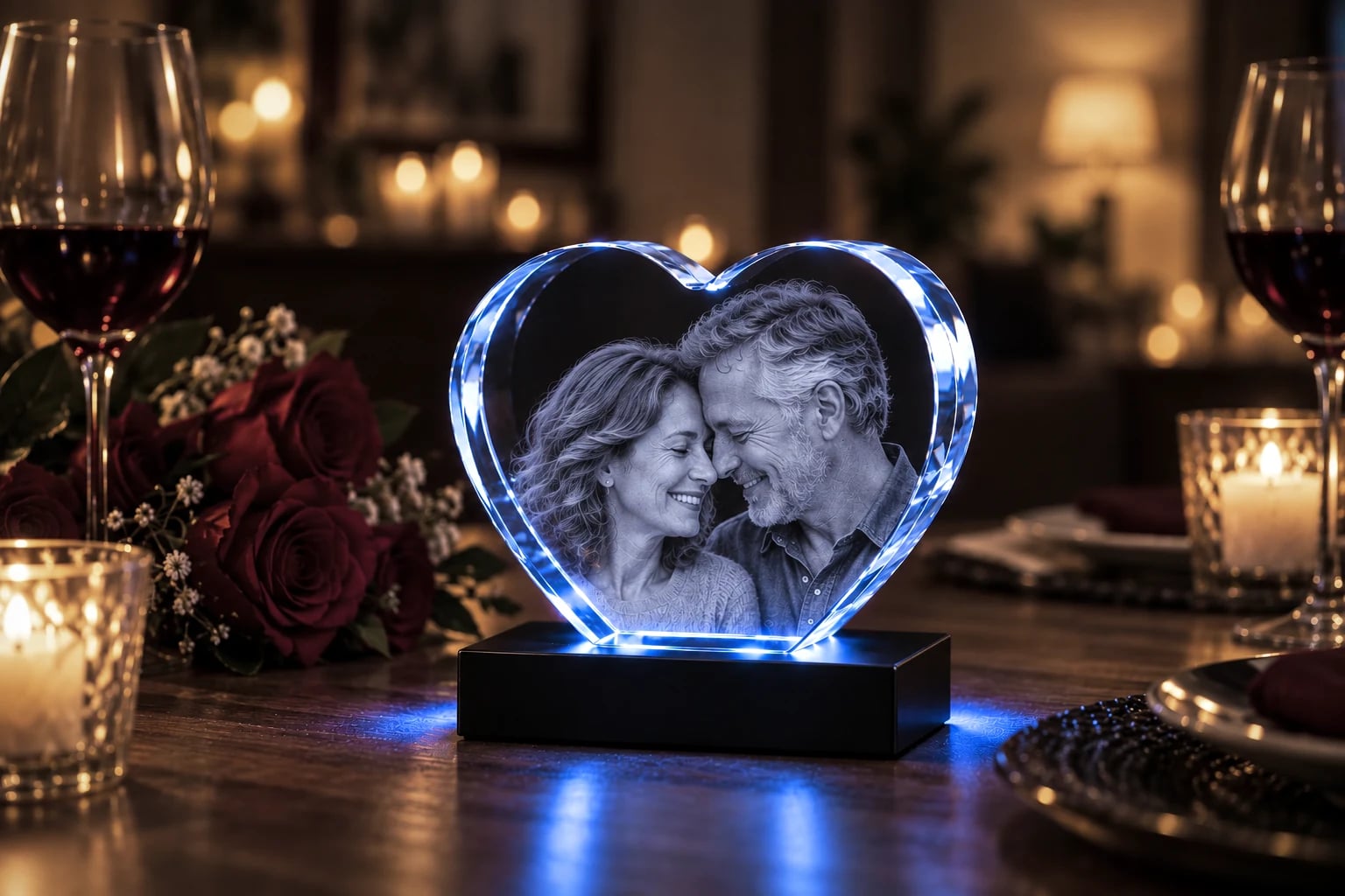 Couple engraved in a heart crystal on a candlelit dinner table with red roses