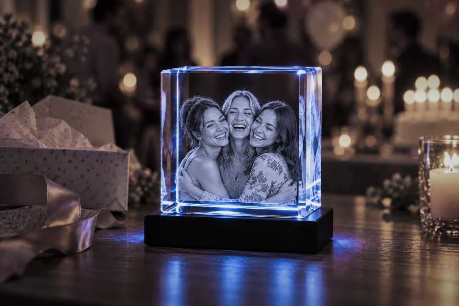 Three best friends engraved in a rectangle crystal next to an opened gift at a birthday party