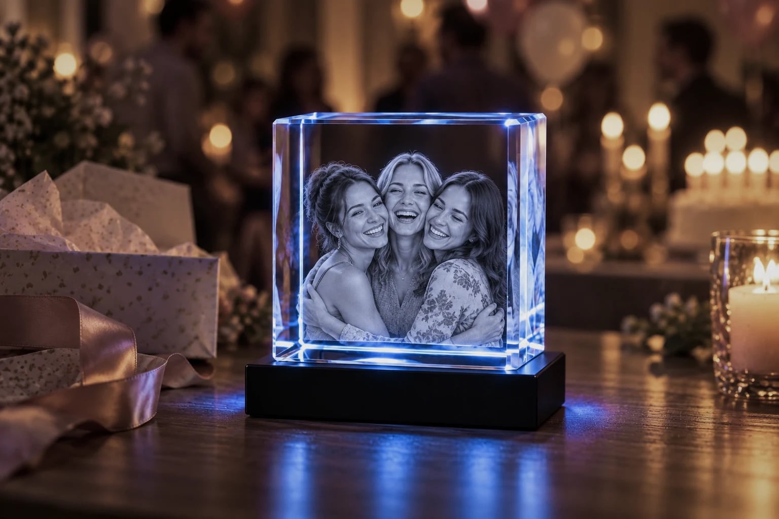 Three best friends engraved in a rectangle crystal next to an opened gift at a birthday party