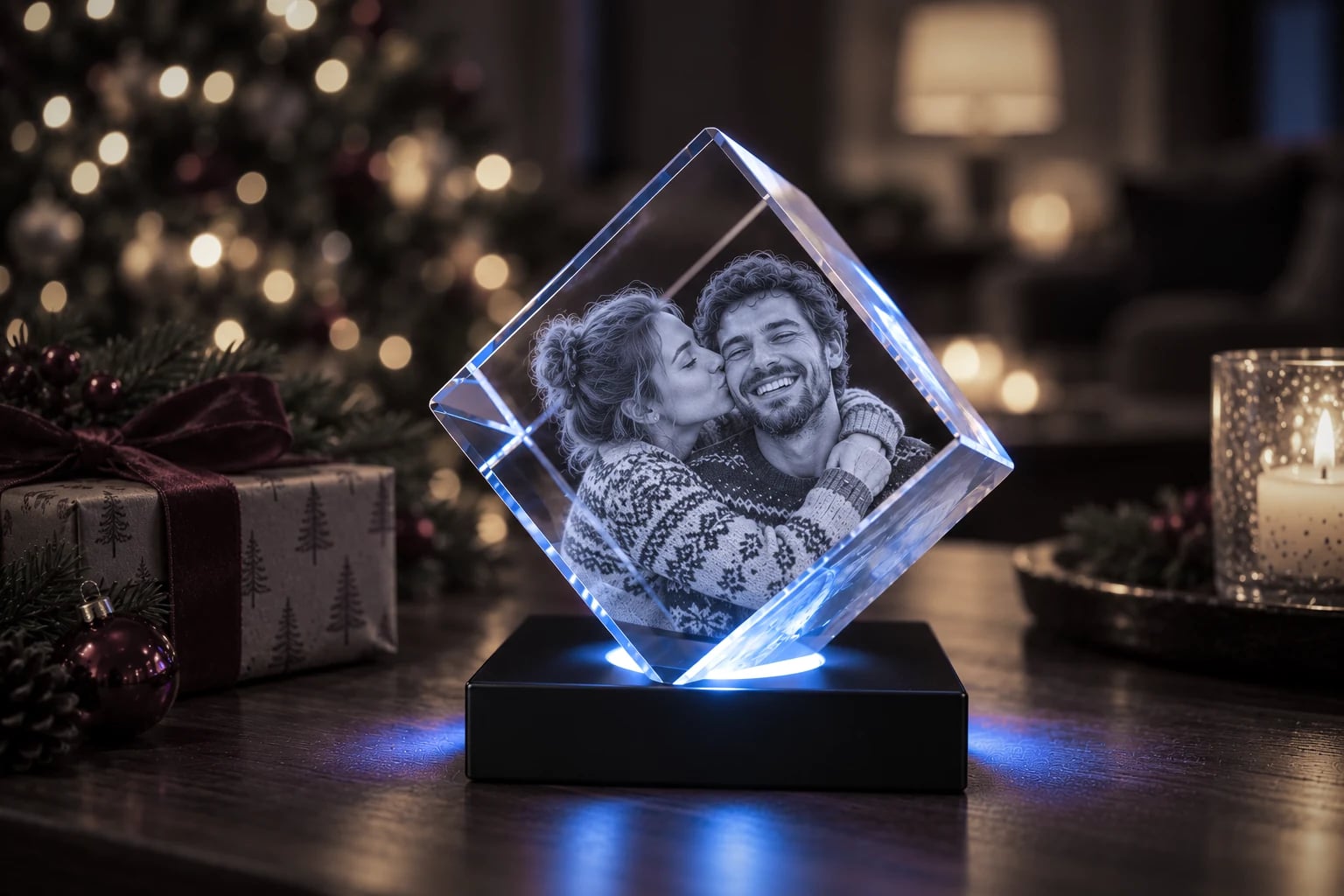 Couple in Christmas sweaters engraved in a diamond-cut crystal beside a wrapped gift and a lit tree