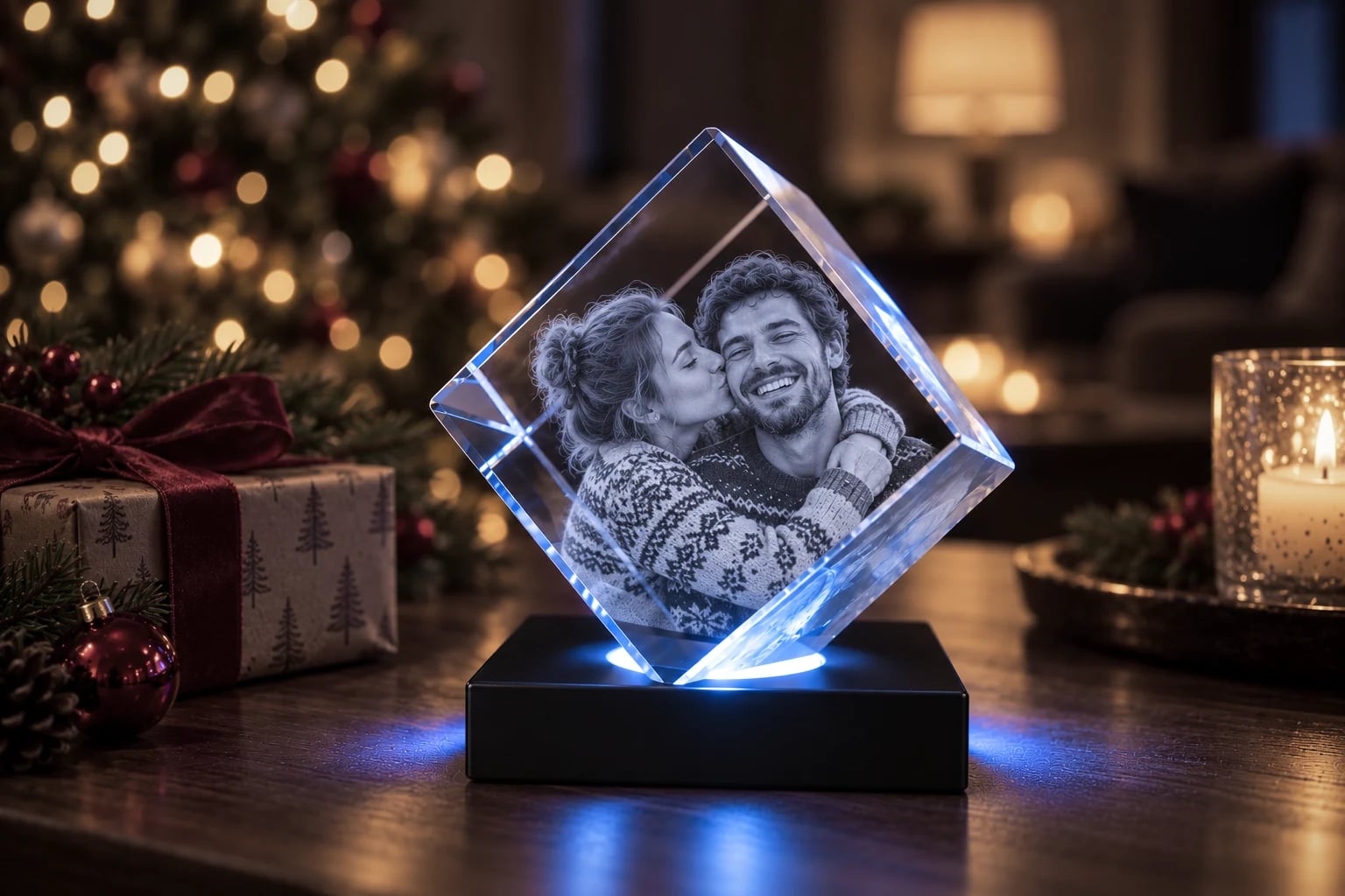 Couple in Christmas sweaters engraved in a diamond-cut crystal beside a wrapped gift and a lit tree