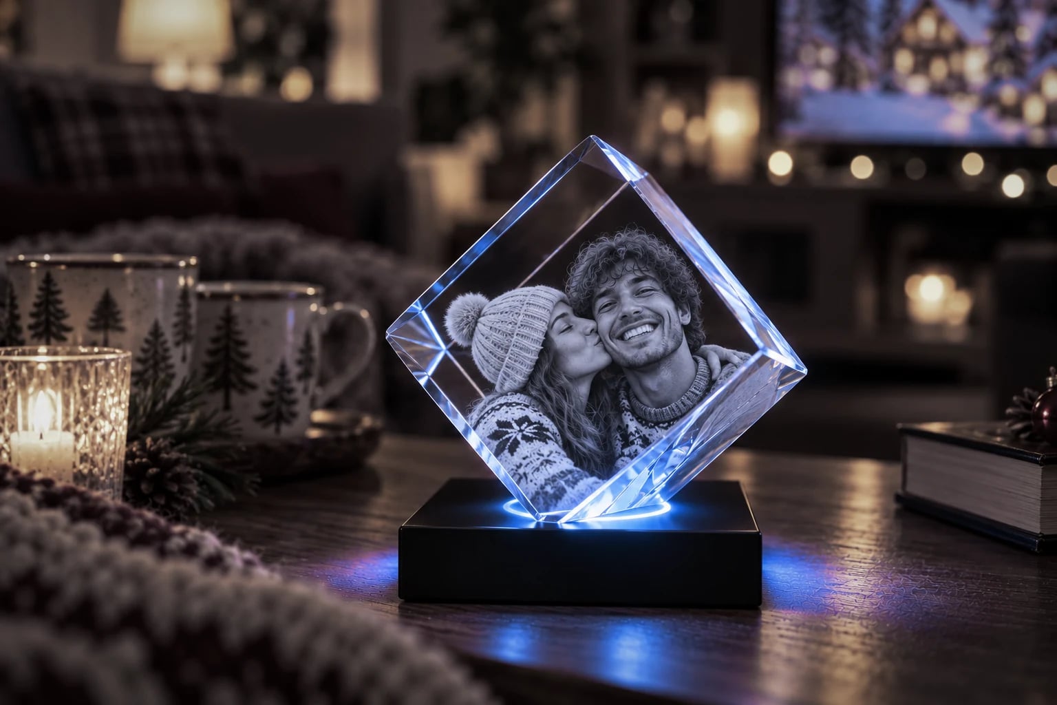 Couple in winter sweaters engraved in a diamond-cut crystal on a cosy coffee table