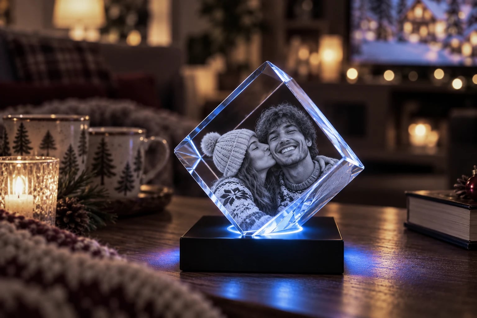 Couple in winter sweaters engraved in a diamond-cut crystal on a cosy coffee table