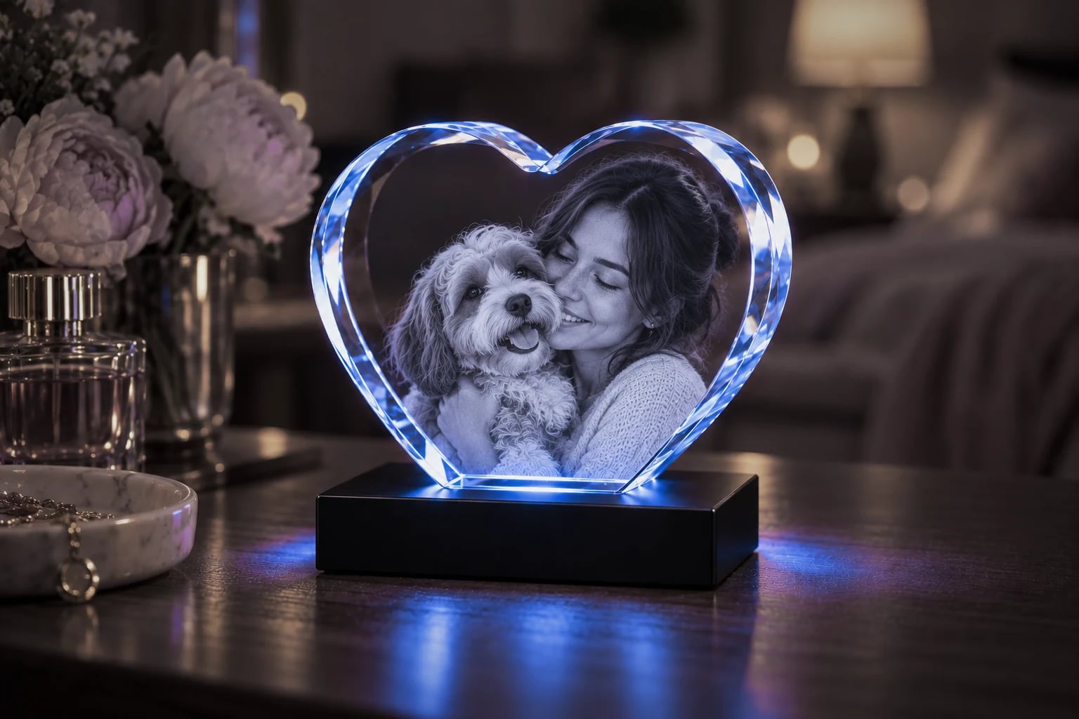 Woman hugging her dog engraved in a heart crystal on a dressing table with peonies and perfume
