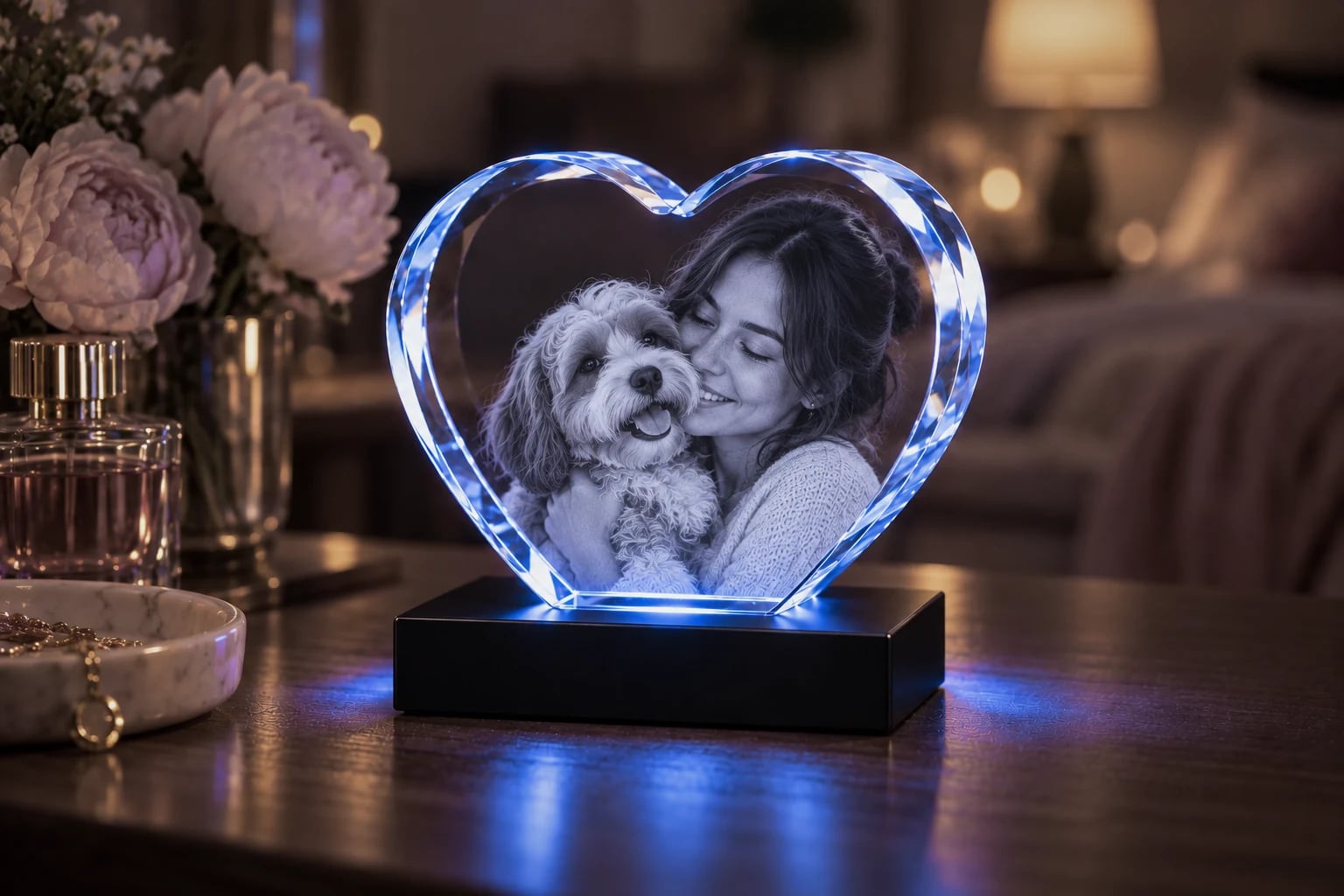 Woman hugging her dog engraved in a heart crystal on a dressing table with peonies and perfume