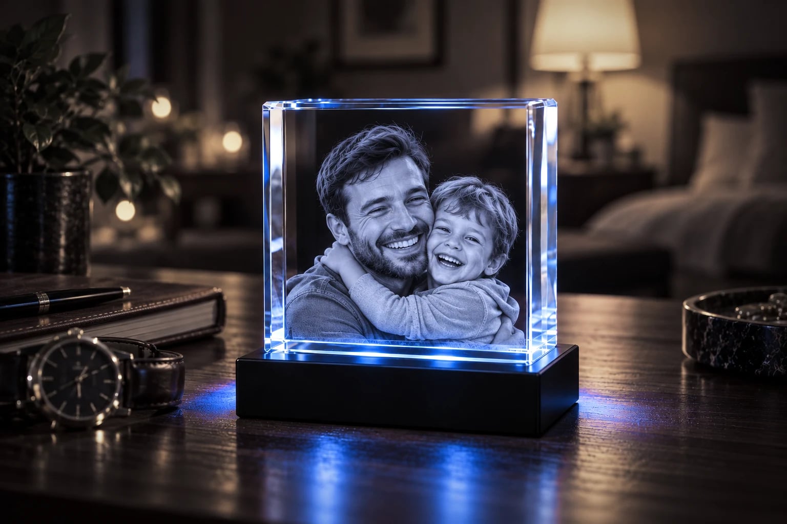 Father and son engraved in a square crystal on a desk beside a watch and a notebook