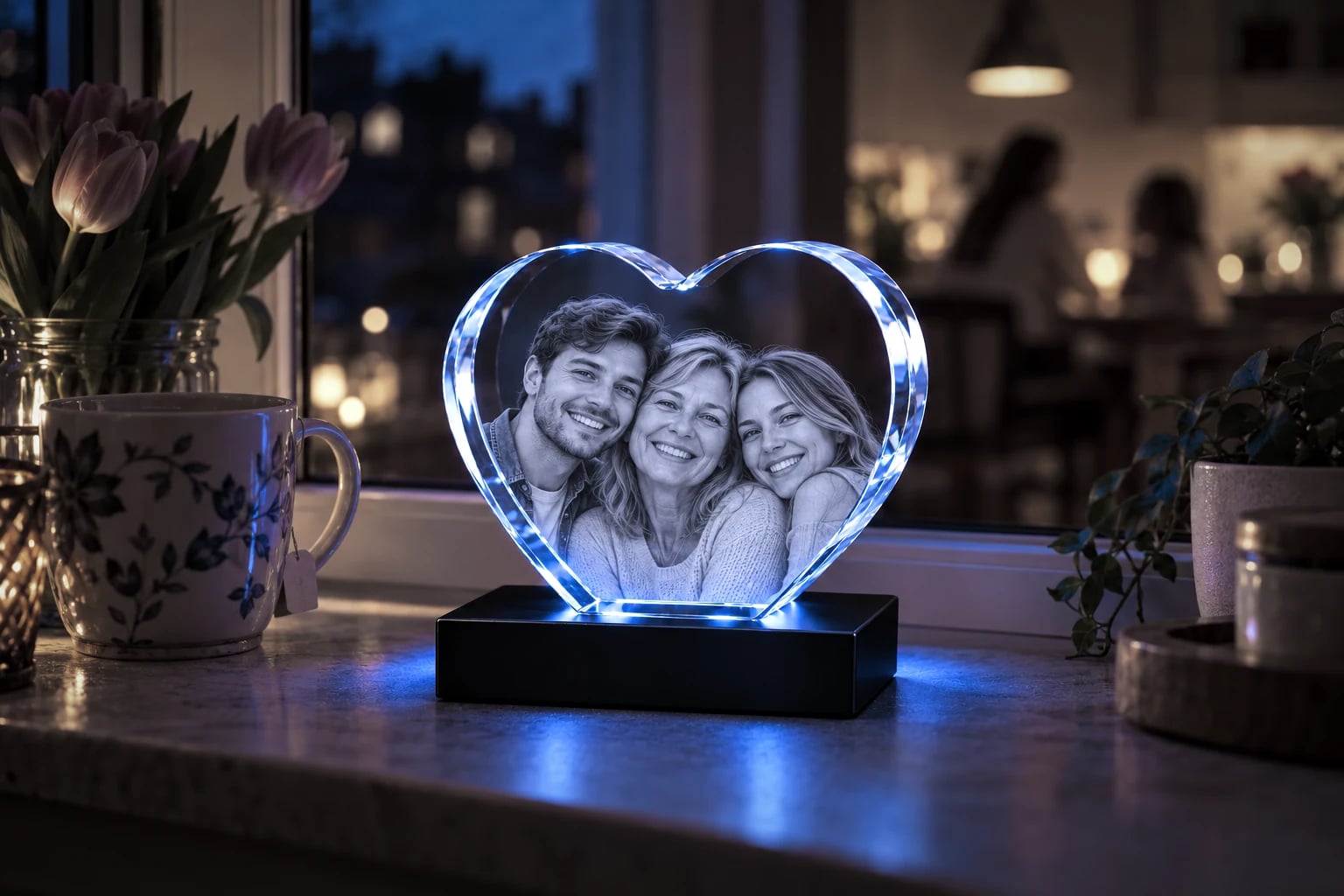 Mom with her grown son and daughter engraved in a heart crystal on a kitchen windowsill with tulips and a cup of tea