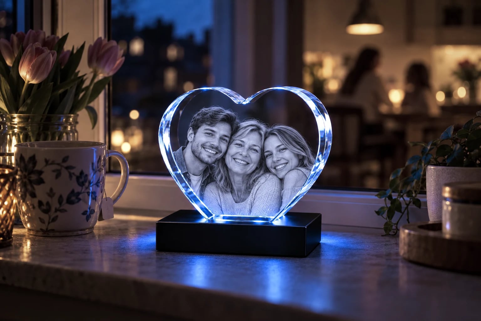 Mom with her grown son and daughter engraved in a heart crystal on a kitchen windowsill with tulips and a cup of tea
