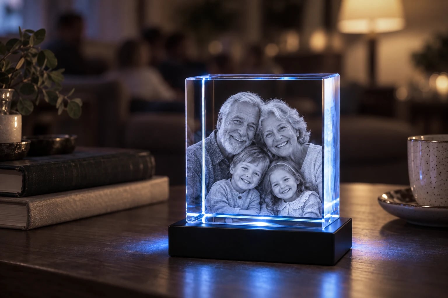 Grandparents with two grandchildren engraved in a rectangle crystal in a family living room