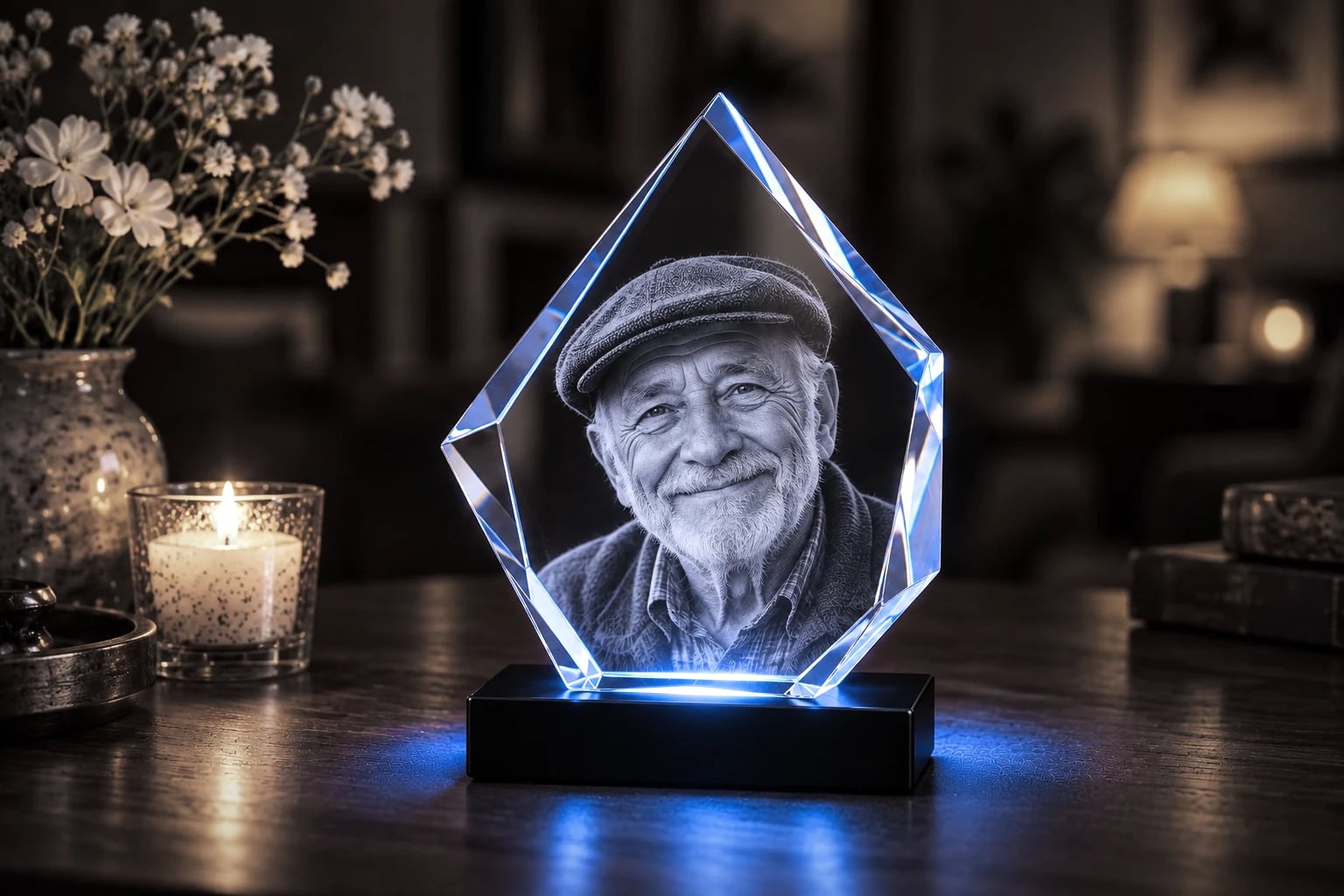 Smiling grandfather engraved in an iceberg crystal beside a candle and white flowers