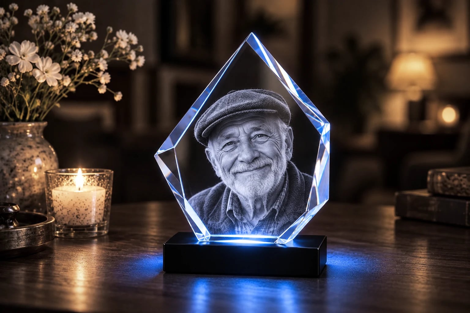 Smiling grandfather engraved in an iceberg crystal beside a candle and white flowers