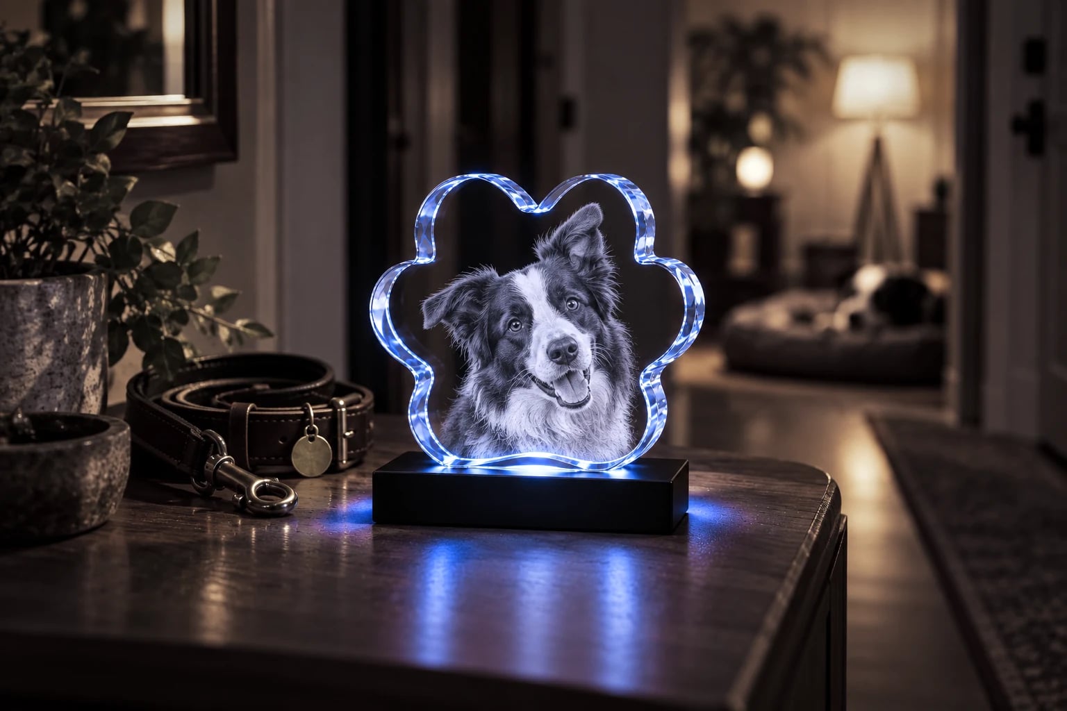 Border collie engraved in a paw-shaped crystal on a hallway console, a leash beside it