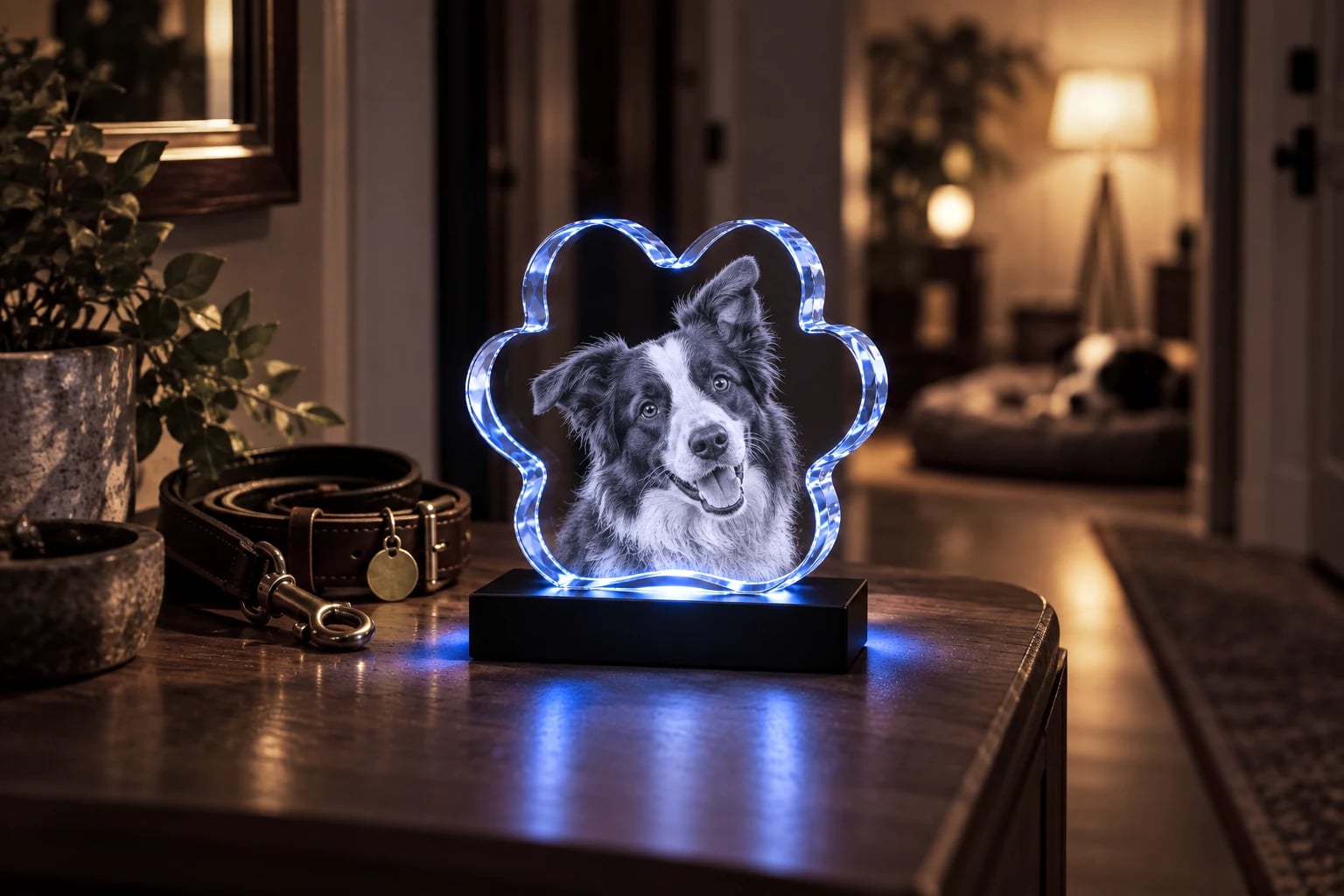 Border collie engraved in a paw-shaped crystal on a hallway console, a leash beside it