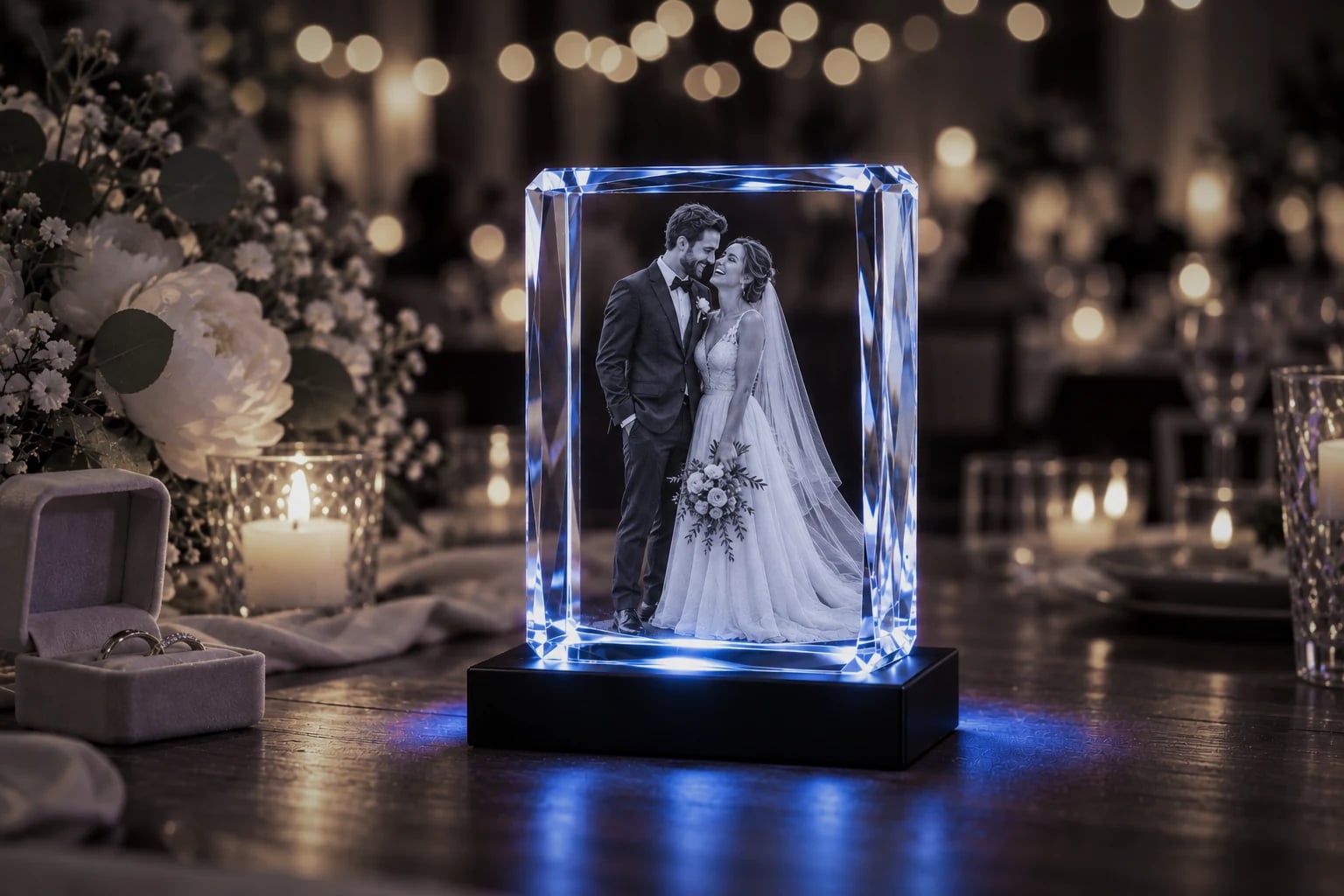 Bride and groom engraved in a beveled rectangle crystal beside wedding rings and peonies