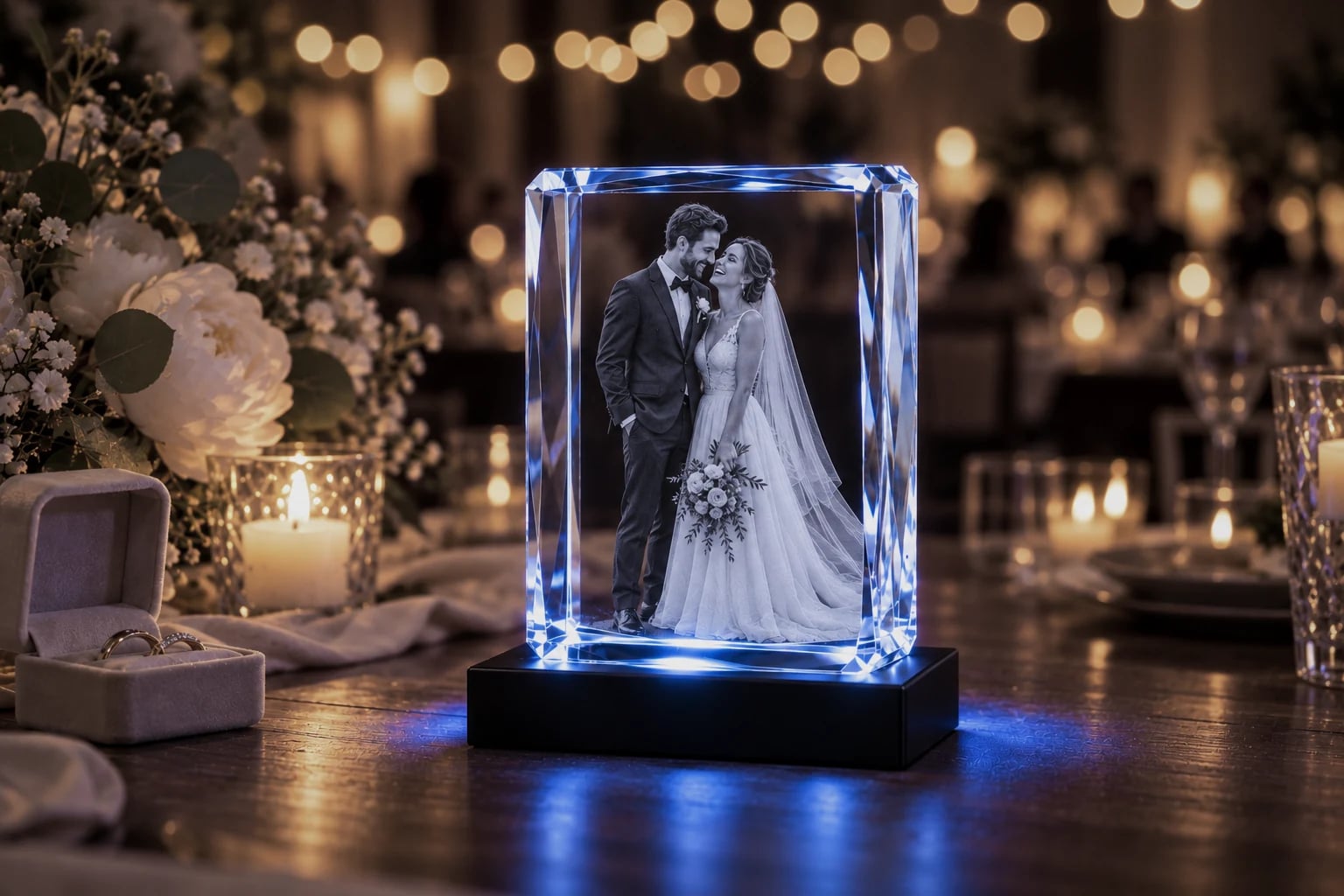 Bride and groom engraved in a beveled rectangle crystal beside wedding rings and peonies