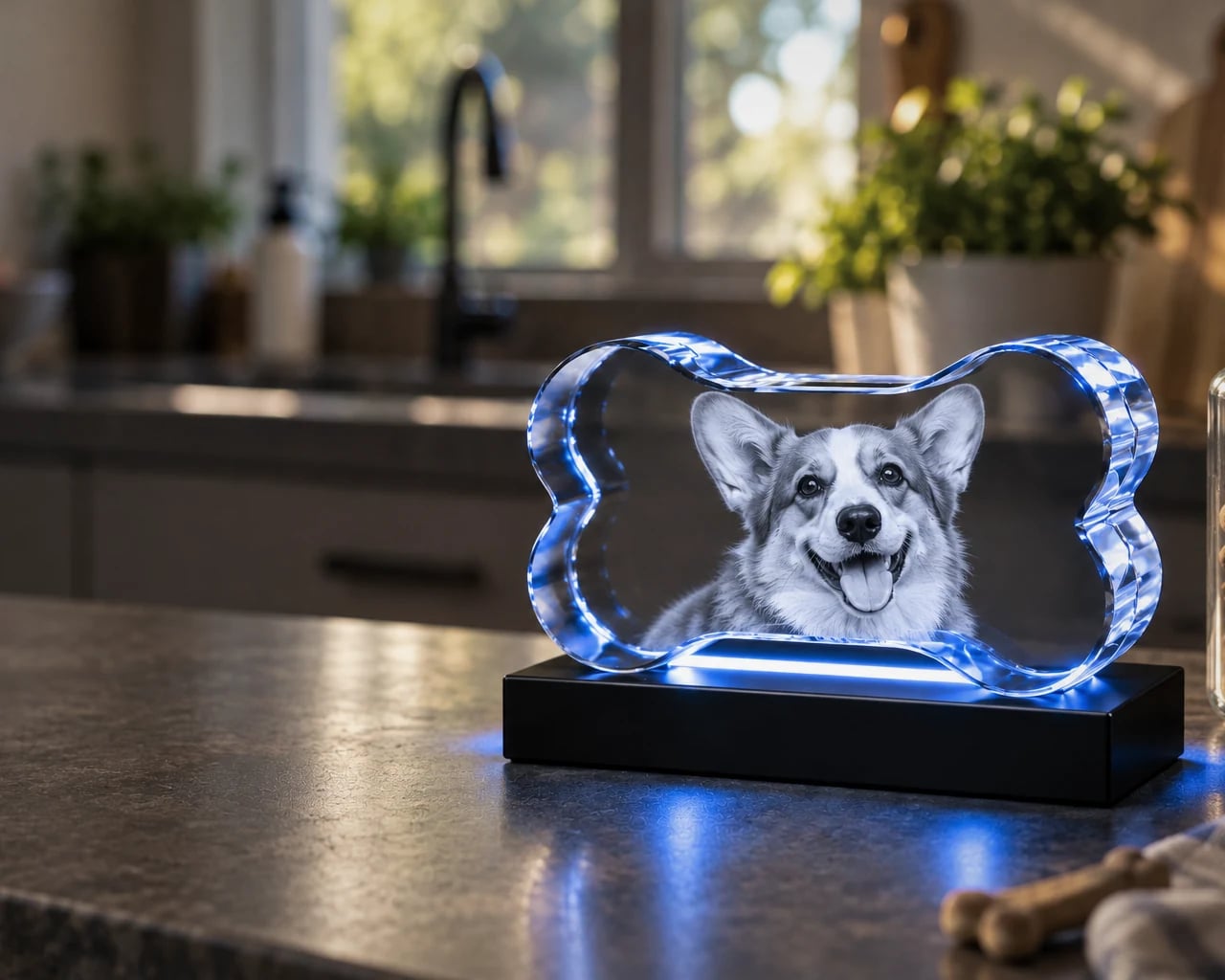 Bone crystal with a corgi portrait on a kitchen counter
