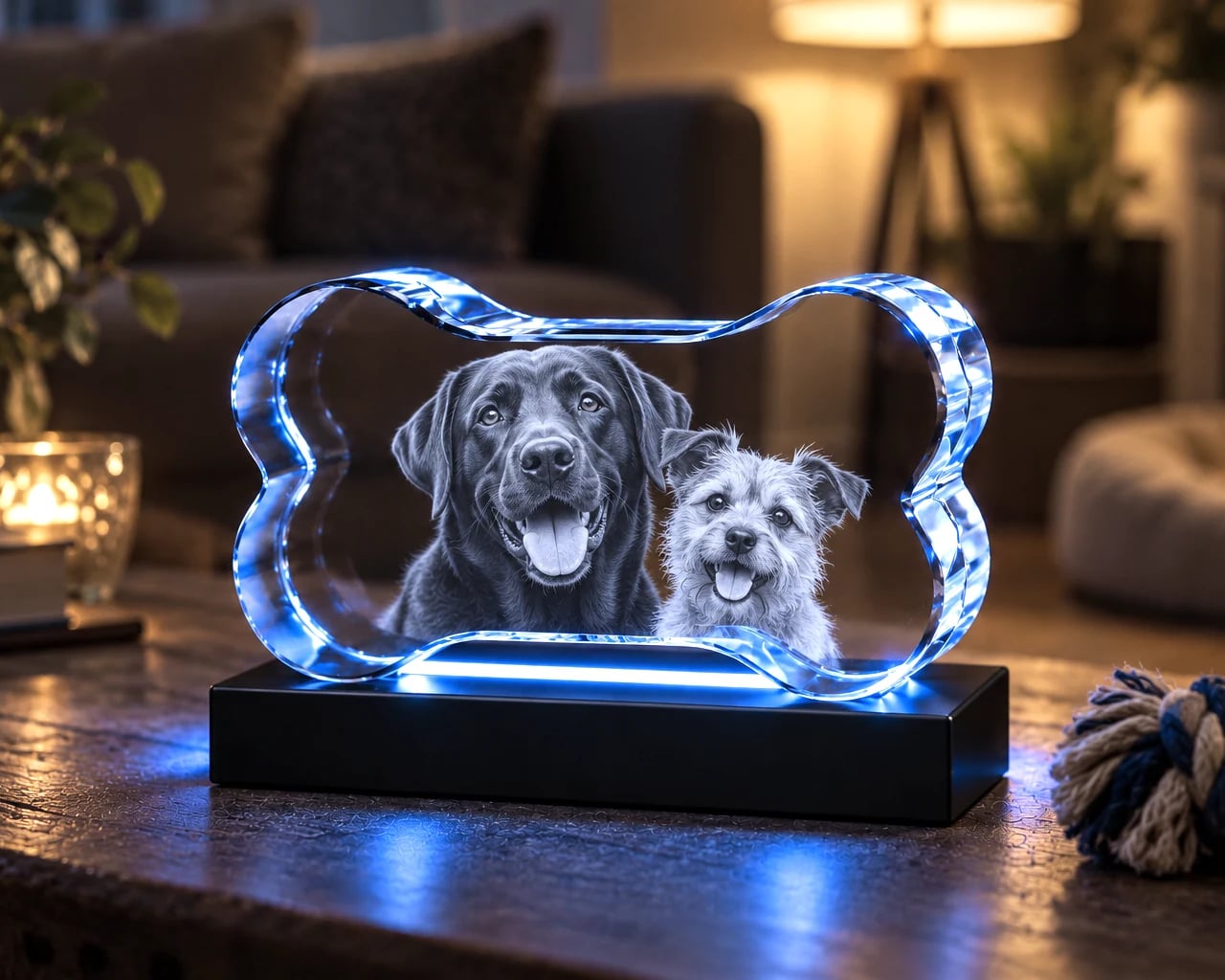 Bone crystal with two dogs on a living room table