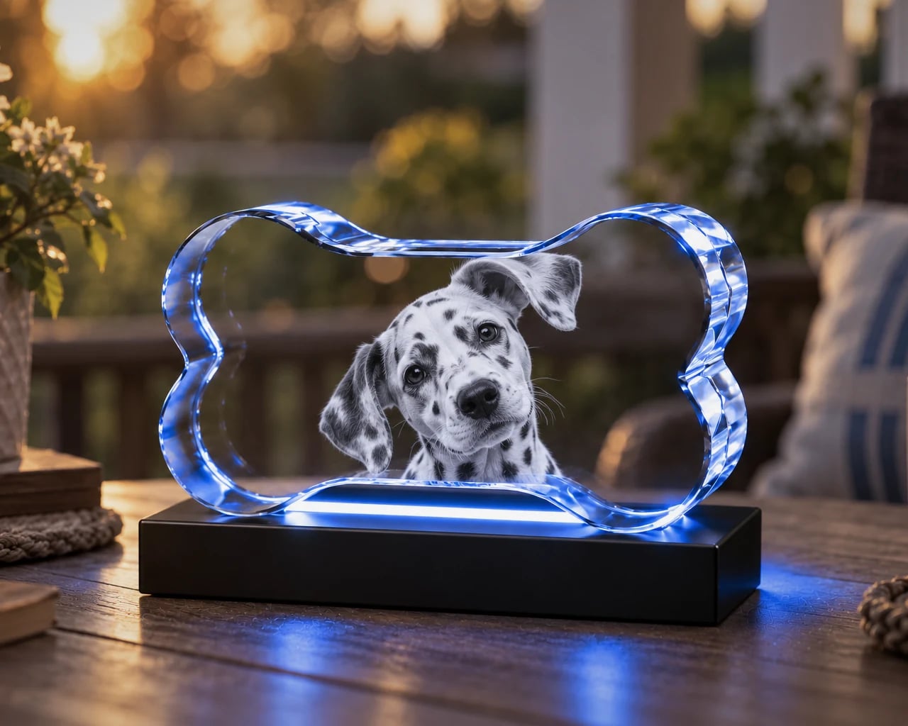 Bone crystal with a dalmatian puppy on a porch table at sunset