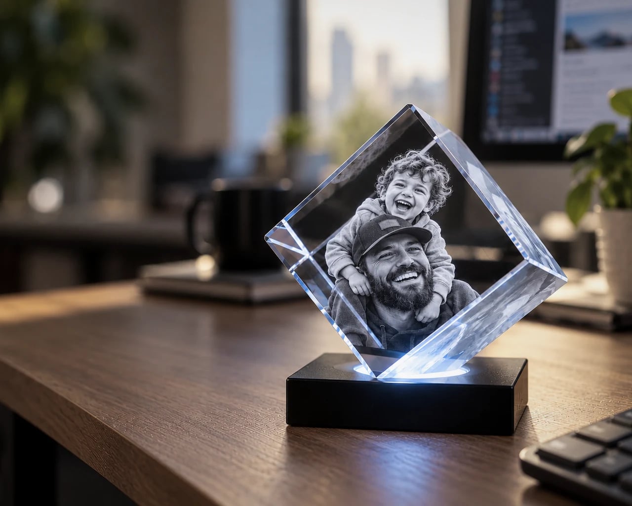 Diamond cube crystal with a father and son on a work desk