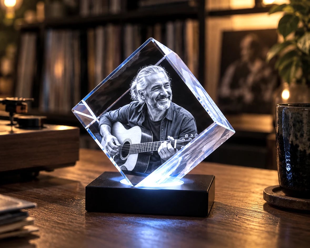 Diamond cube crystal with a guitarist's portrait next to a record player