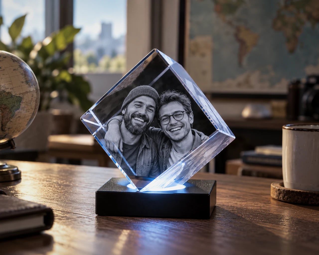 Diamond cube crystal with two friends beside a globe