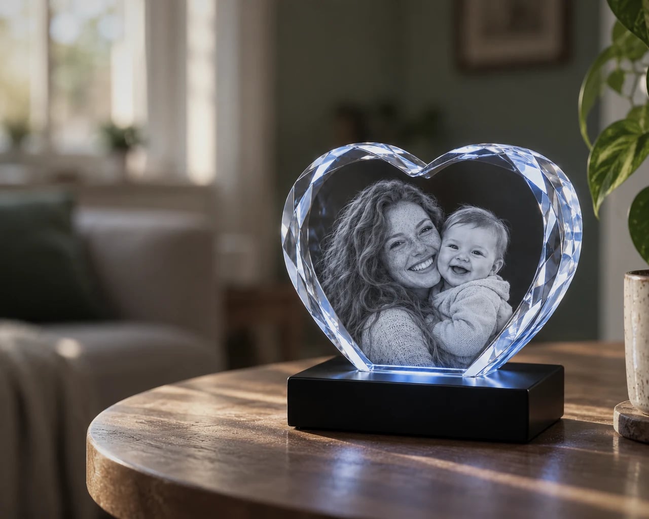Beveled heart crystal with a mother and baby in a sunny living room