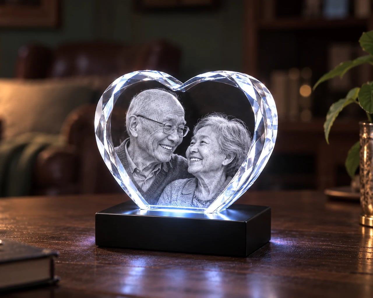 Beveled heart crystal with an elderly couple on a desk in the evening