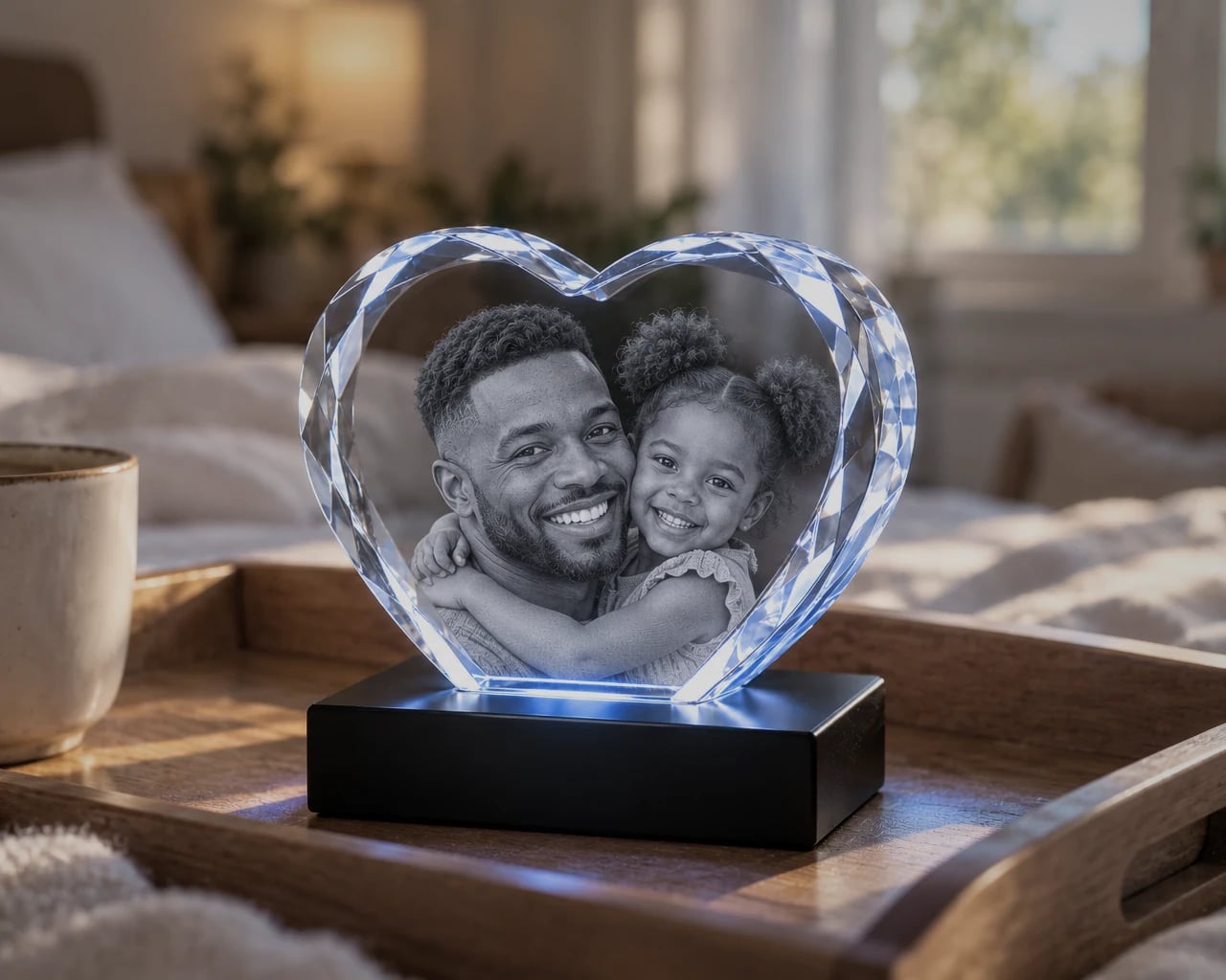 Beveled heart crystal with a father and daughter on a breakfast tray