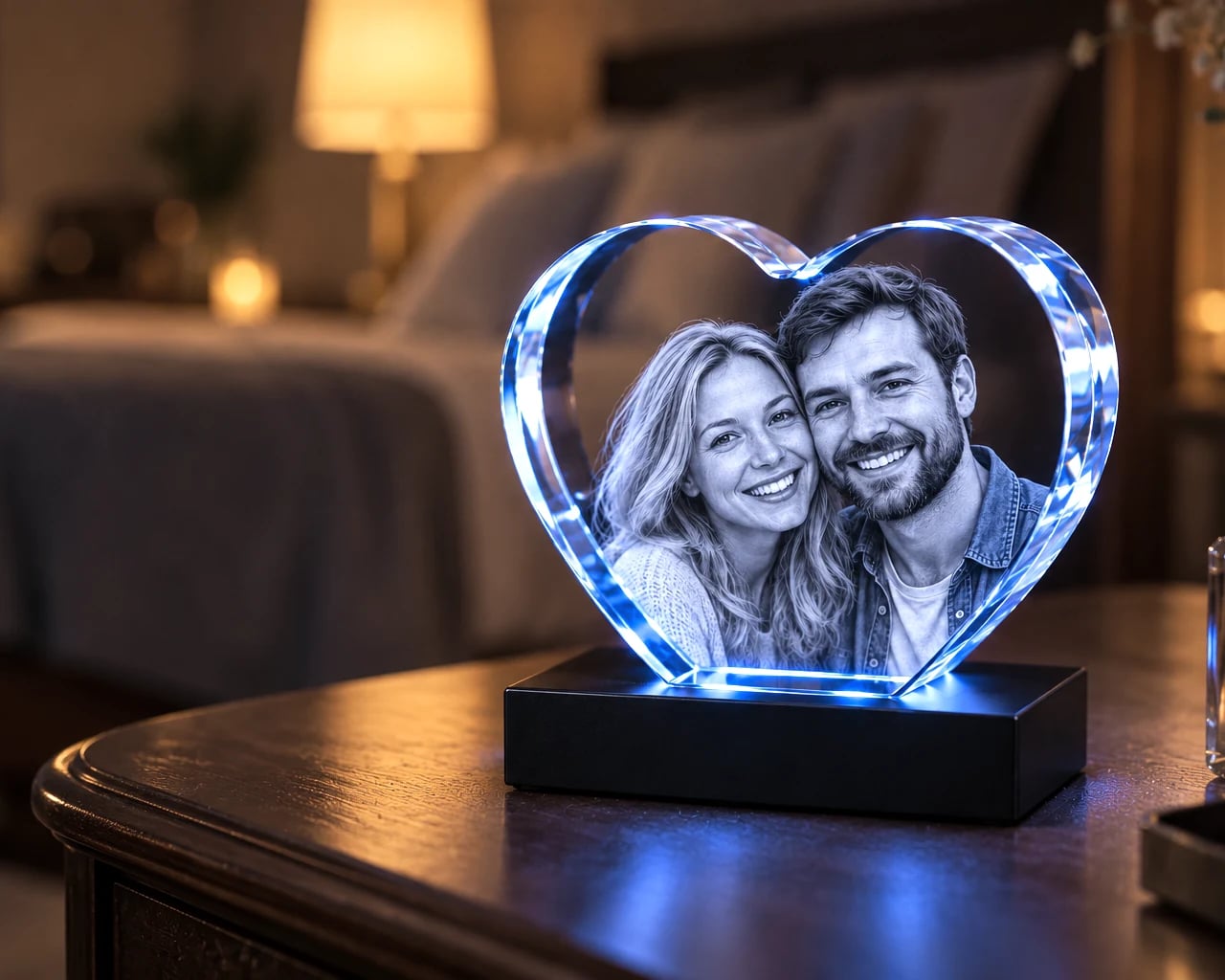 Heart crystal with a couple's portrait on a dressing table in the evening