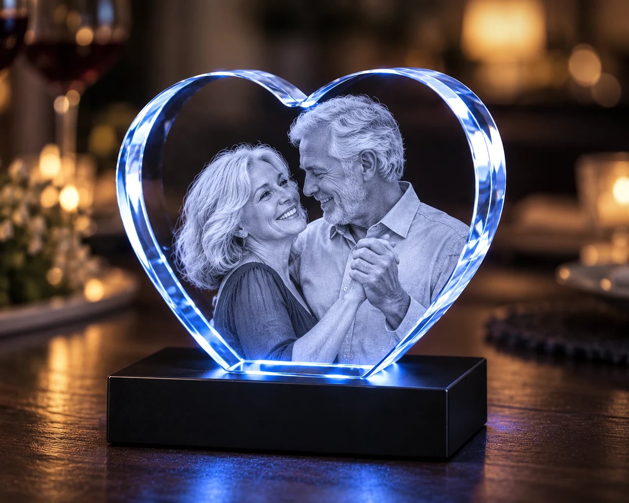 Heart crystal with a dancing couple on a dinner table