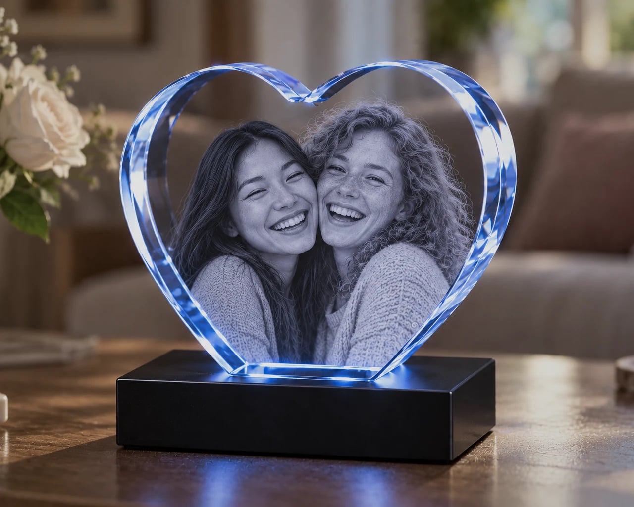 Heart crystal with two friends on a coffee table with roses