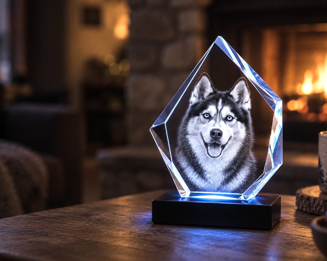 Iceberg crystal with a husky portrait by a fireplace