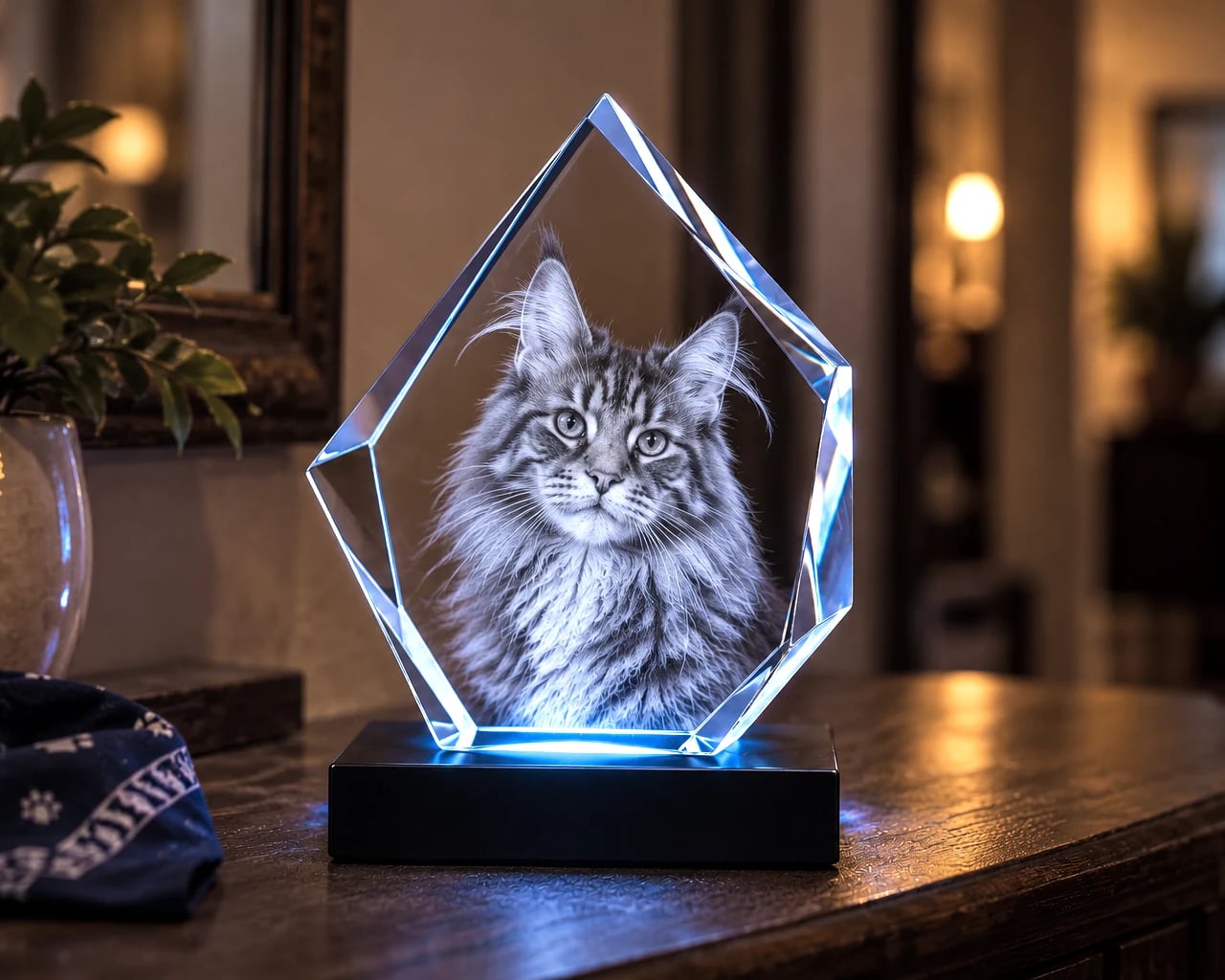 Iceberg crystal with a cat portrait on a console table