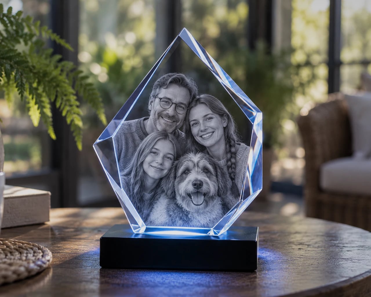 Iceberg crystal with a family and their dog in a sunroom