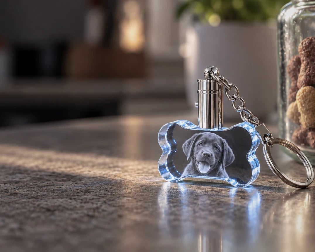 Bone crystal keychain with a puppy portrait next to a jar of dog treats