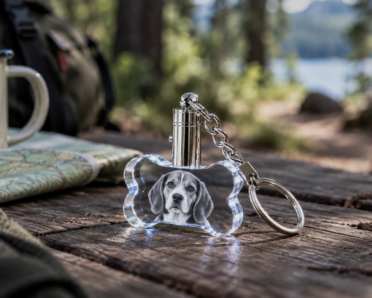 Bone crystal keychain with a beagle portrait on a camp table
