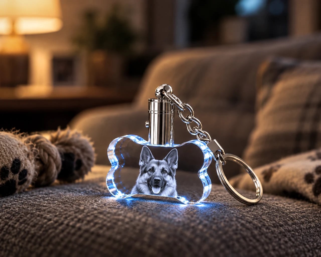 Bone crystal keychain with a shepherd portrait on a dog blanket