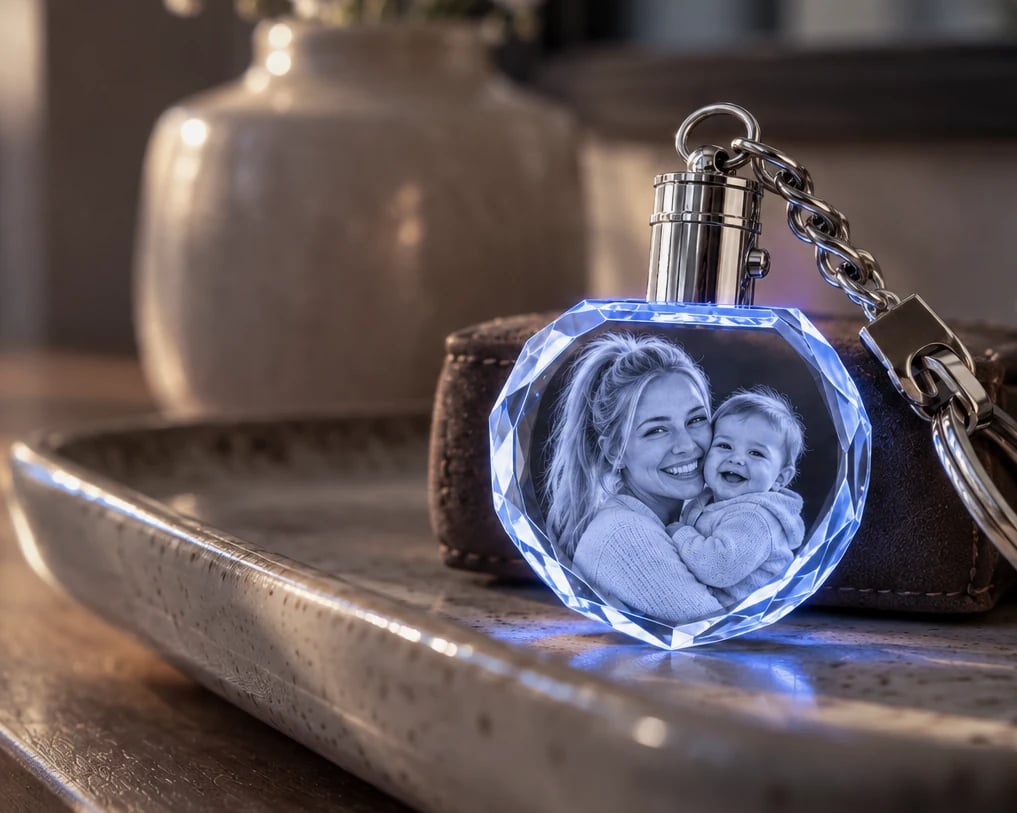 Heart crystal keychain with a mother and baby on a hallway tray
