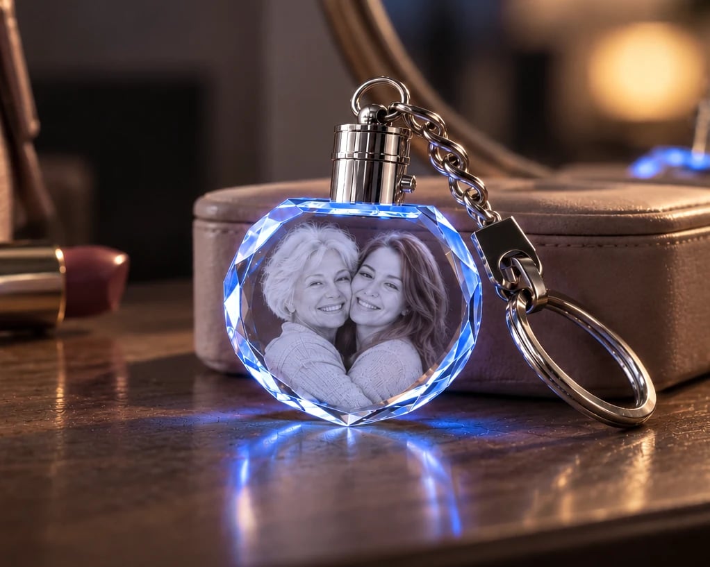 Heart crystal keychain with a mother and daughter on a dressing table