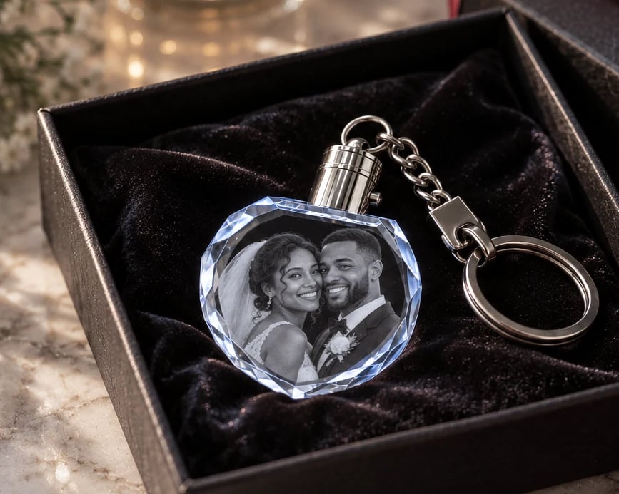 Heart crystal keychain with a couple's portrait in a gift box