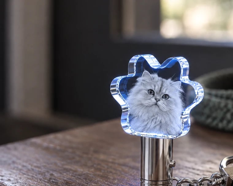 Paw crystal keychain with a cat portrait on a hallway table
