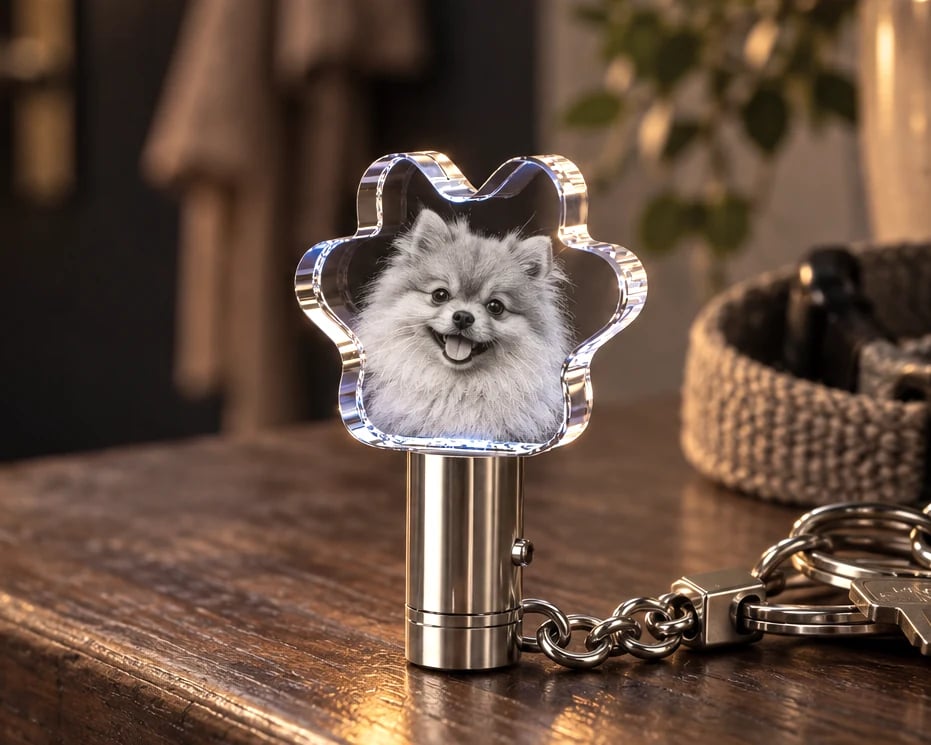 Paw crystal keychain with a dog portrait next to a leash