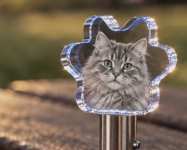 Paw crystal keychain with a cat portrait on a garden bench at sunset