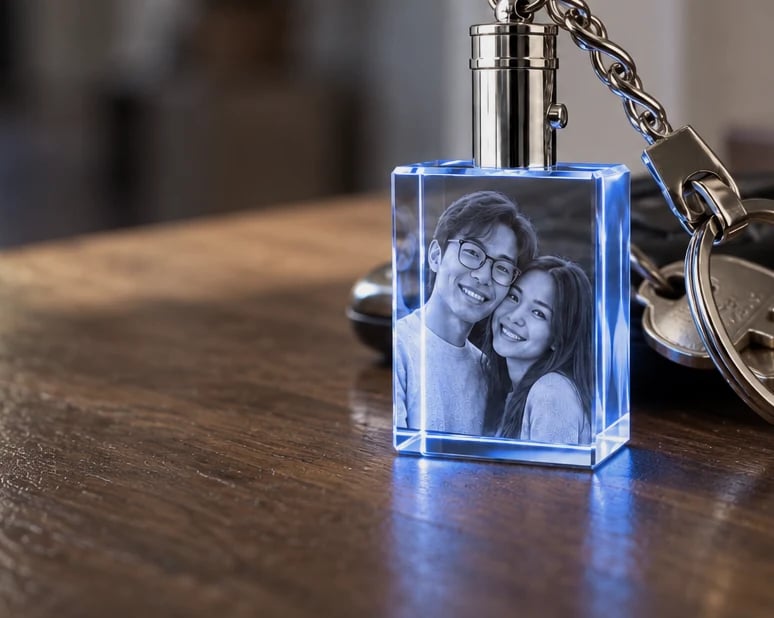 Rectangle crystal keychain with a couple's portrait next to car keys on a hallway table