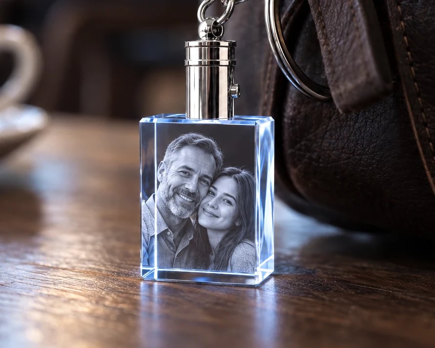 Rectangle crystal keychain with a couple's portrait clipped to a leather bag
