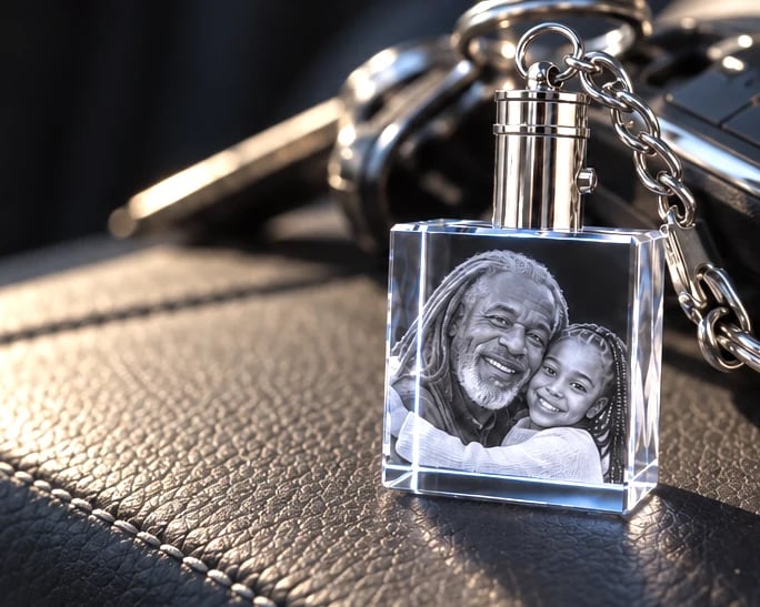Square crystal keychain with a grandfather and granddaughter on a car console