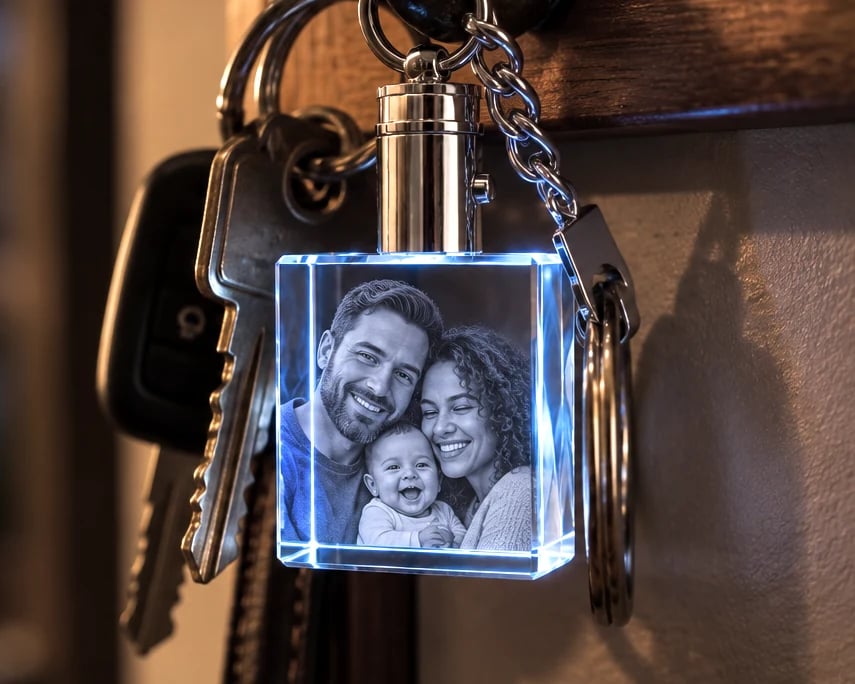 Square crystal keychain with a family portrait hanging on a key hook