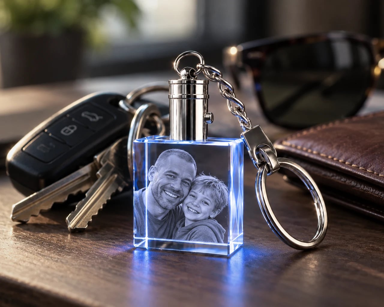 Square crystal keychain with a father and son next to car keys and a wallet