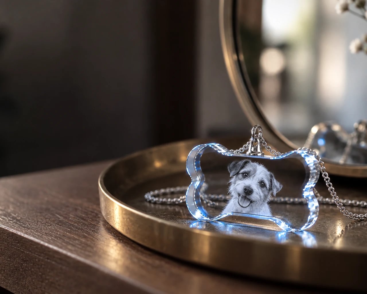 Bone crystal necklace with a terrier portrait on a brass tray
