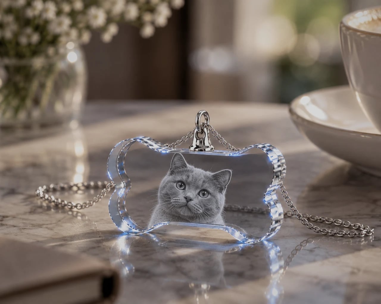 Bone crystal necklace with a cat portrait on a marble table